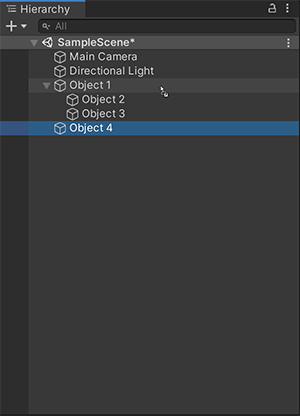 将 Object 4（选定对象）拖动到父游戏对象 Object 1（以蓝色突出显示）以创建子游戏对象。