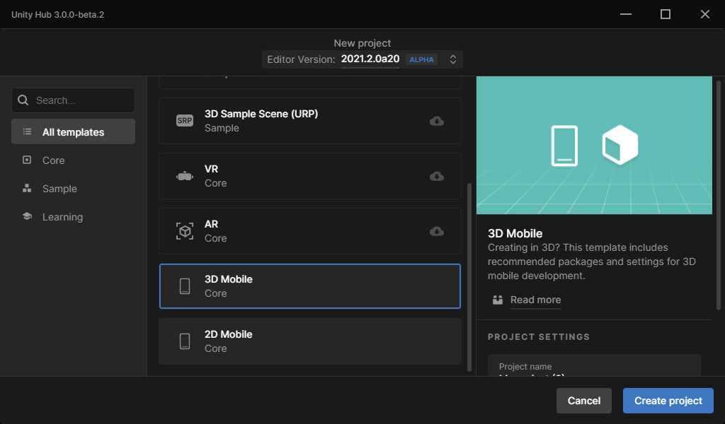 Creating a new project that uses the 3D Mobile template in the Unity Hub.