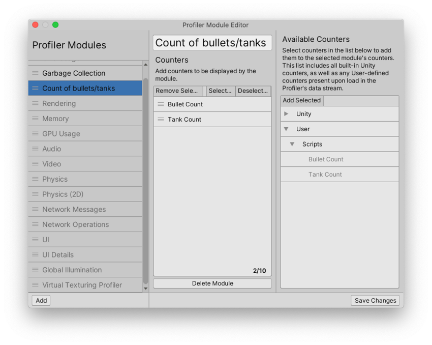 列出用户计数器的 Profiler Module Editor。