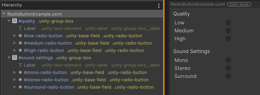 Two group boxes with three radio buttons each.