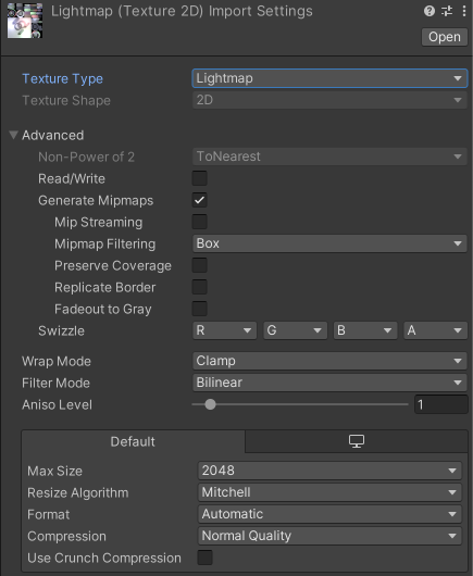 Properties for the Lightmap Texture Type. The properties for the Shadowmask Texture Type are identical to these.