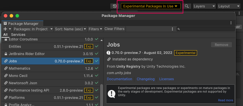The Experimental Packages In Use menu appears as a warning in the toolbar
