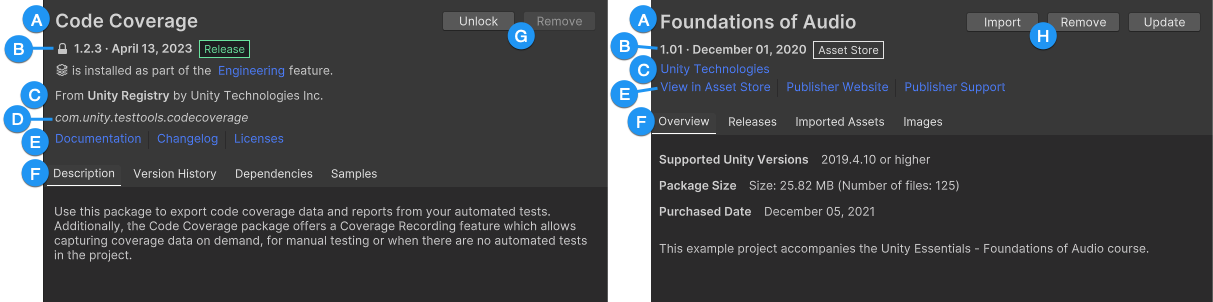 Package details for a Unity package (left) and an Asset Store package (right)