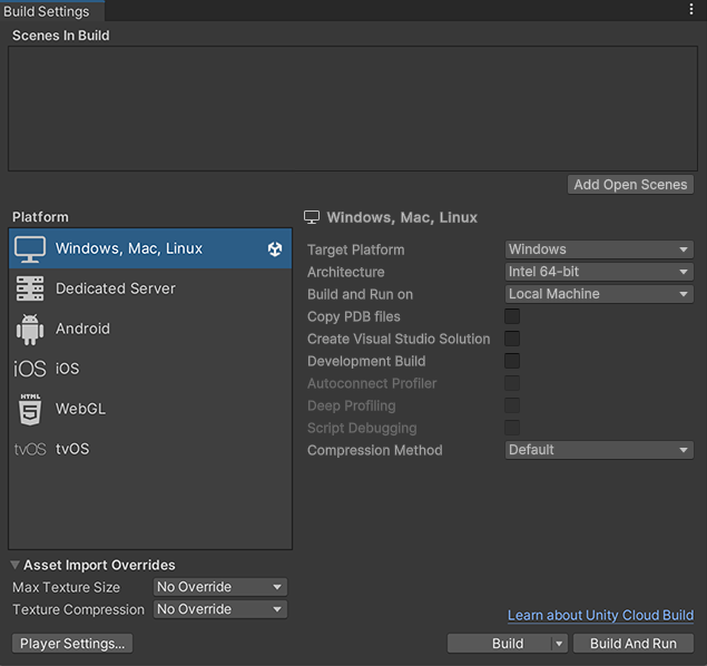 Windows build settings in Unity