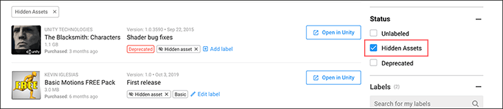 删除 Hidden asset 标记即可在列表中再次显示 Asset Store 资源包