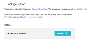 在将资源上传到资源包草案之前会显示 Launch Unity 按钮