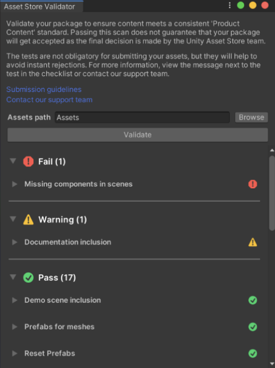 The Asset Store Validator tool scans your solution and provides feedback, which includes detailed errors, warnings, and itemized passed checks.