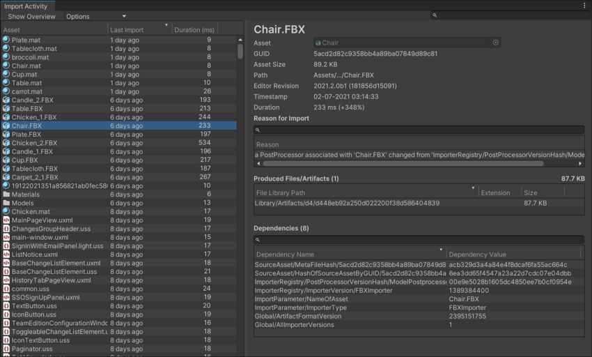 The layout of the import activity window