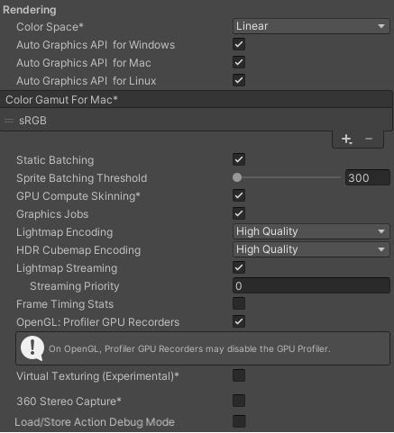 Rendering Player settings for desktop platforms