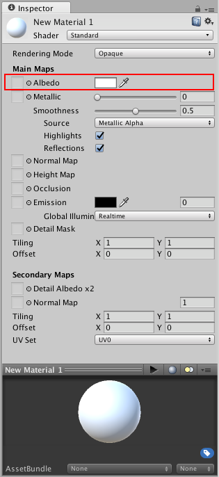 A Standard Shader material with default Properties and no values or textures assigned. The Albedo Color Property is highlighted.