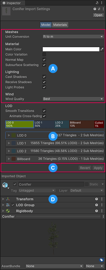 SpeedTree 导入器 Model 选项卡