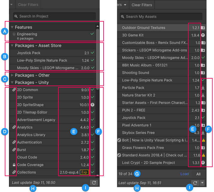 The image on the left displays features sets and packages installed in your project, and the image on the right displays packages from My Assets