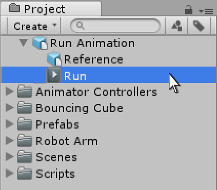 已导入的 FBX 3D 资源，其中包含标题为Run的动画