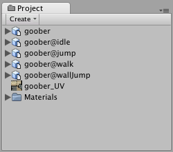 An example of four animation files for an animated character (note that the .fbx suffix is not shown within Unity)