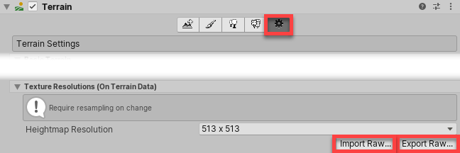地形设置检视面板 (Terrain Settings Inspector) 中的导入原始 (Import Raw) 和导出原始 (Export Raw) 按钮
