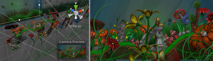 2D“纸板影院”风格的游戏提供了视差运动效果。使用 One Point Six Studio（可在 Unity Asset Store 上找到）资源创建的图像。