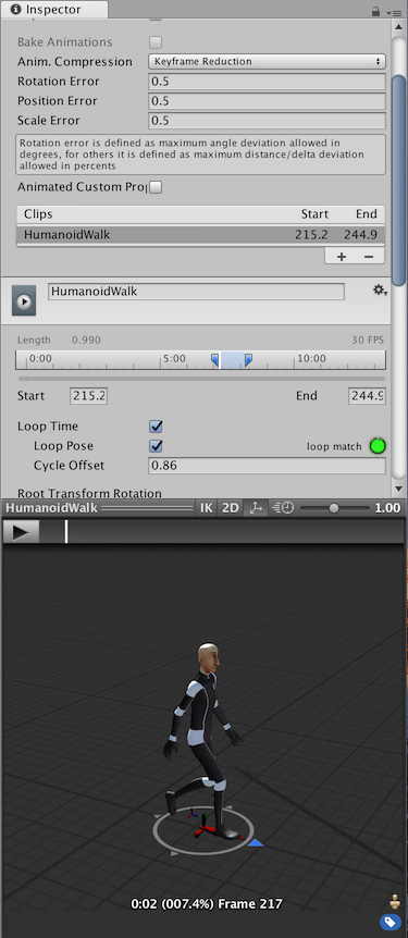 在 Unity 的检视面板窗口中查看导入动画剪辑的示例