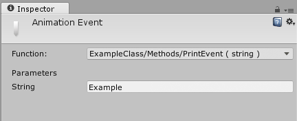动画事件已选择的 Inspector 窗口。PrintEvent 方法从 ExampleClass 中选择。