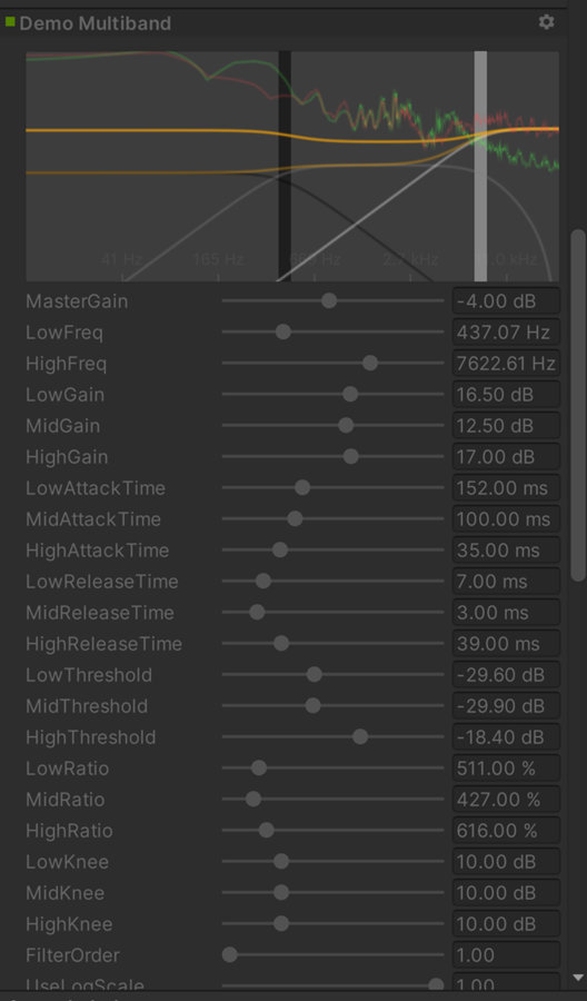覆盖了频谱分析的 Equalizer GUI（绿色曲线表示源，红色表示已处理）。