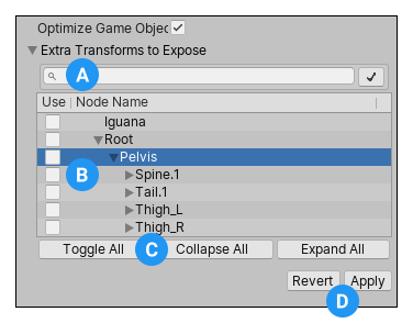 启用优化游戏对象 (Optimize Game Objects) 时将显示 Extra Transforms to Expose 属性