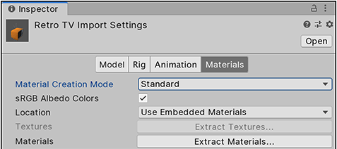 材质 (Materials) 选项卡定义了 Unity 导入材质和纹理的方式