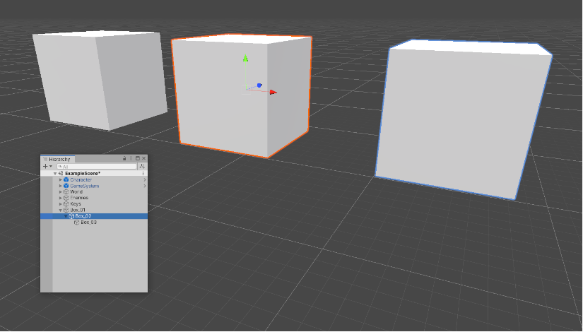选择中间的盒体会以使用色突出显示该盒体，并使用蓝色突出显示其子游戏对象（最右边的盒体），但不会突出显示其父游戏对象（最左边的盒体）