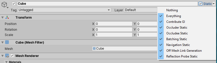 在检视面板 (Inspector) 中查看游戏对象时显示的静态编辑器标志 (Static Editor Flags) 复选框和下拉选单