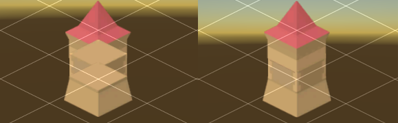 左：设置为 (0,1,0) 时，瓦片渲染顺序不正确。右：设置为 (0,1,-0.26) 时，瓦片会正确“堆叠”在一起。