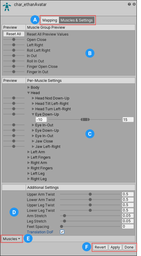 化身窗口中的肌肉和设置 (Muscles & Settings) 选项卡