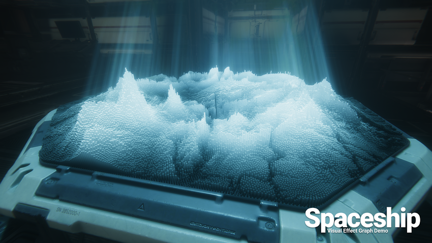 Unity 宇宙飞船演示中的全息投影台。使用 Visual Effect Graph 制作。