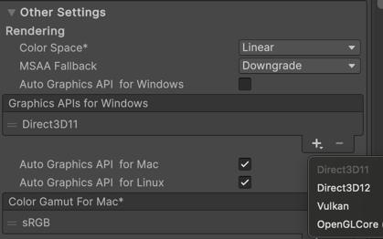 将 OpenGLCore 添加到 Graphics APIs for Windows 列表。