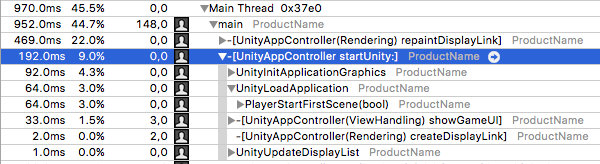 在 iOS 设备上运行的 Unity 项目示例的 Instruments 跟踪记录