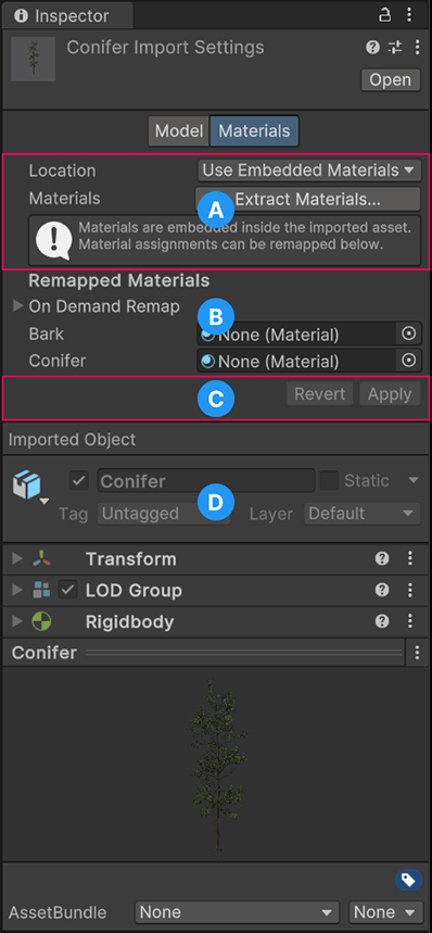 SpeedTree 导入器 (SpeedTree Importer) 材质选项卡