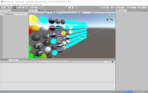 Unity 会渲染仍在使用青色虚拟着色器编译的着色器变体，直到编译完成。右下角进度条指示编译队列进度。