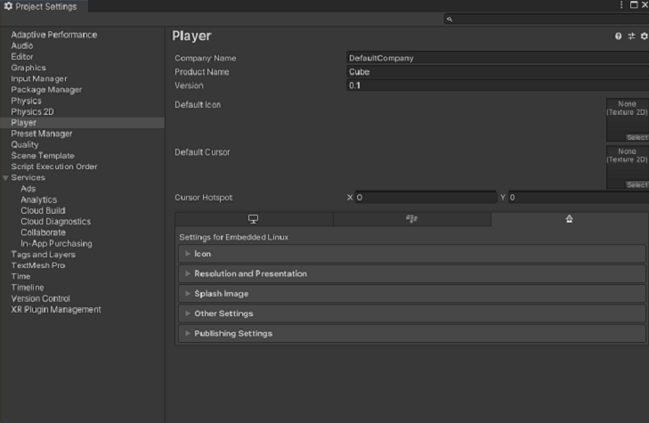 嵌入式 Linux 的主 Player Settings 窗口