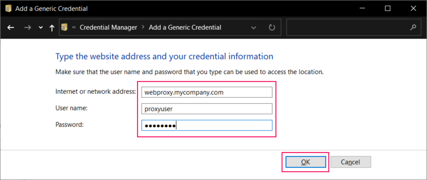 在 Windows Credential Manager 中键入代理地址和凭据