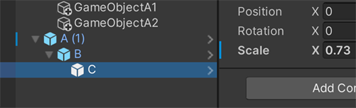 The override indicator is displayed next to prefab A when its child, GameObject C, has a value in a non-default state.