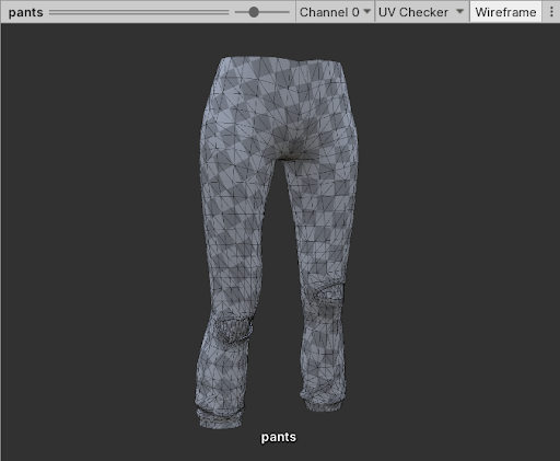 启用了线框 (Wireframe) 设置的 UV 棋盘格 (UV Checker) 视图