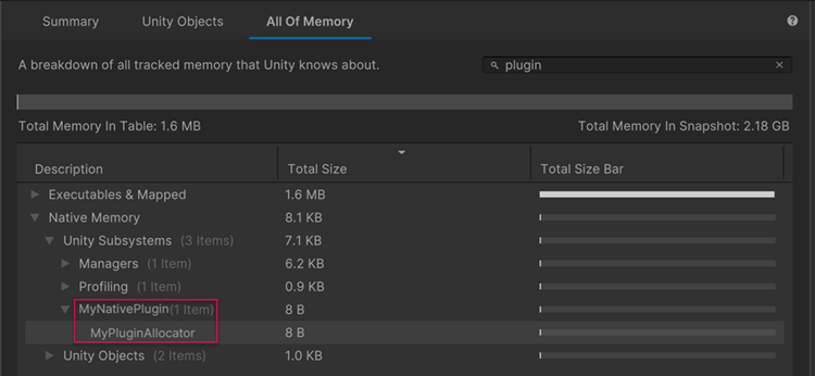 内存性能分析器包 (Memory Profiler package) 窗口中展示了一个名为 Plugin Backend Allocator 的用户自定义分配器的内存使用情况。
