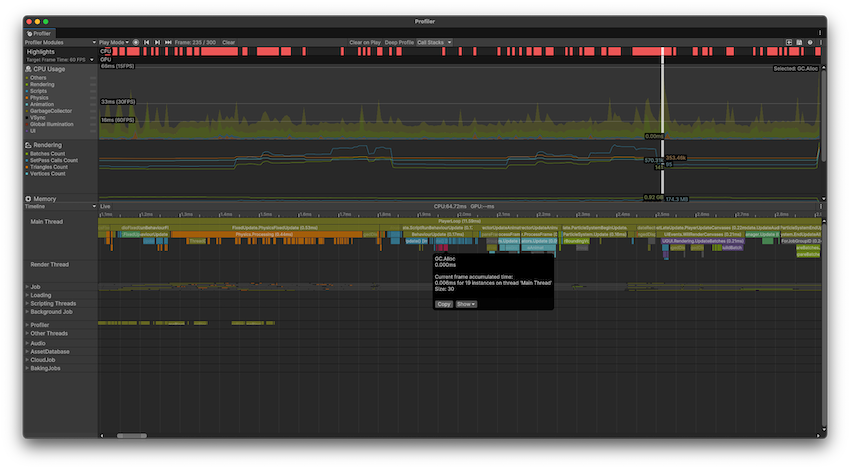 在 CPU 使用分析器模块中选择的带有帧的 Profiler 窗口。在详细信息面板中选择时间轴 (Timeline) 视图。