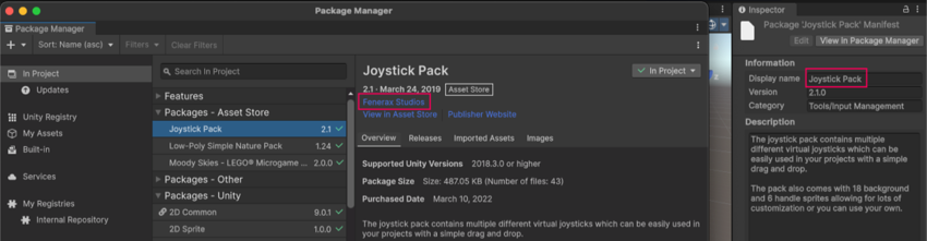 Package Manager 窗口中的发布者名称（左）和 Inspector 窗口中的显示名称（右）