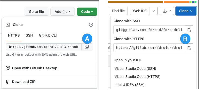 在 GitHub (A) 和 GitLab (B) 上将 URL 复制到的位置