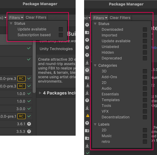 Unity 注册表 (Unity Registry)（左）和我的资源 (My Assets)（右）的过滤器控件