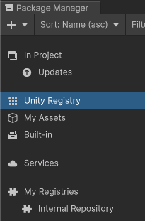 选择 Unity 注册表 (Unity Registry) 或我的注册表 (My Registries)