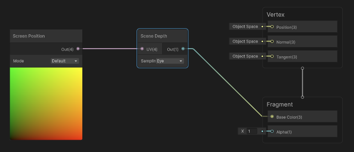 Screen Position 节点与 Scene Depth 节点连接的 Shader Graph