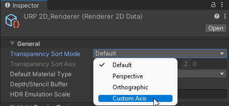 在 2D 渲染器数据 (2D Renderer Data) 资源中选择自定义轴 (Custom Axis)。
