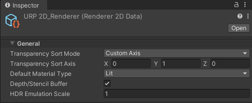 渲染器 2D 资源属性中等距图块贴图的透明度排序轴 (Transparency Sort Axis) 设置。