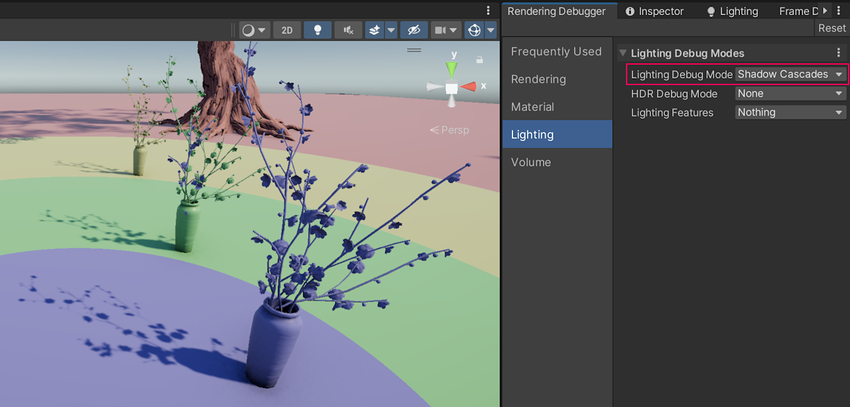 渲染调试器 (Rendering Debugger) > 光照 (Lighting) > 光照调试模式 (Lighting Debug Mode) > 阴影级联 (Shadow Cascades)