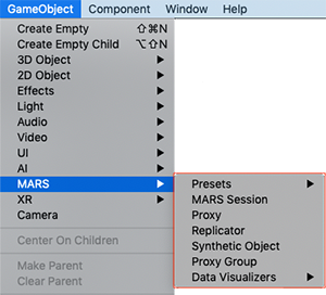 Unity 的 GameObject 菜单中的 MARS 子菜单