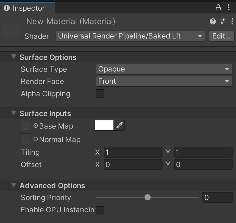 烘焙光照着色器的 Inspector 窗口